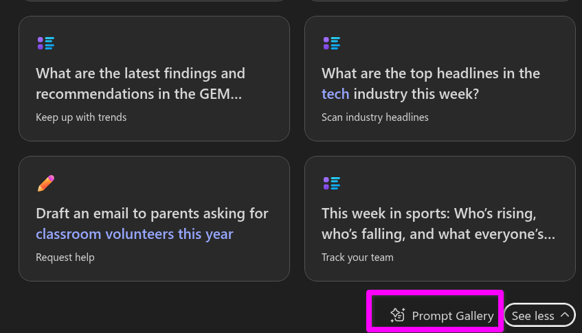 Prompt Gallery button in bottom-right in Copilot