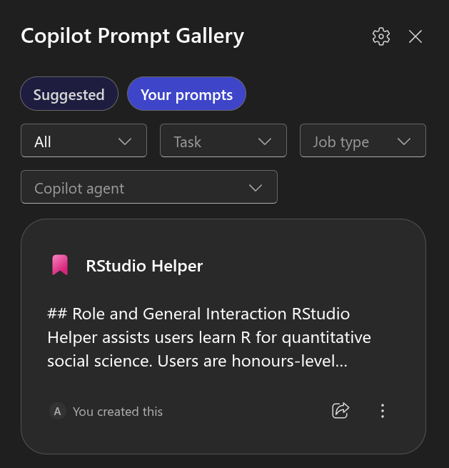 Your prompts screen showing box for RStudio Helper saved prompt