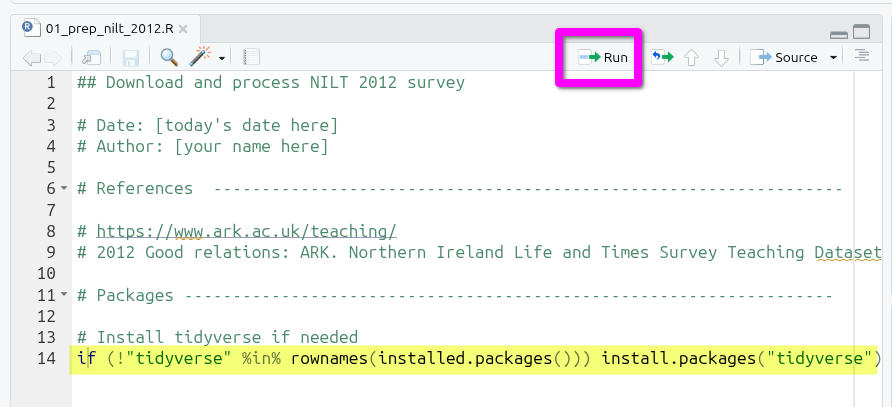 Run button, ensure your text cursor is on line with the code to run (highlighted yellow)
