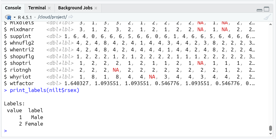 Printing the labels for rsex in the Console