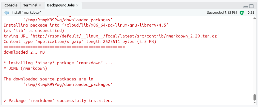 Red text in Background Jobs tab during install of ‘rmarkdown’ package
