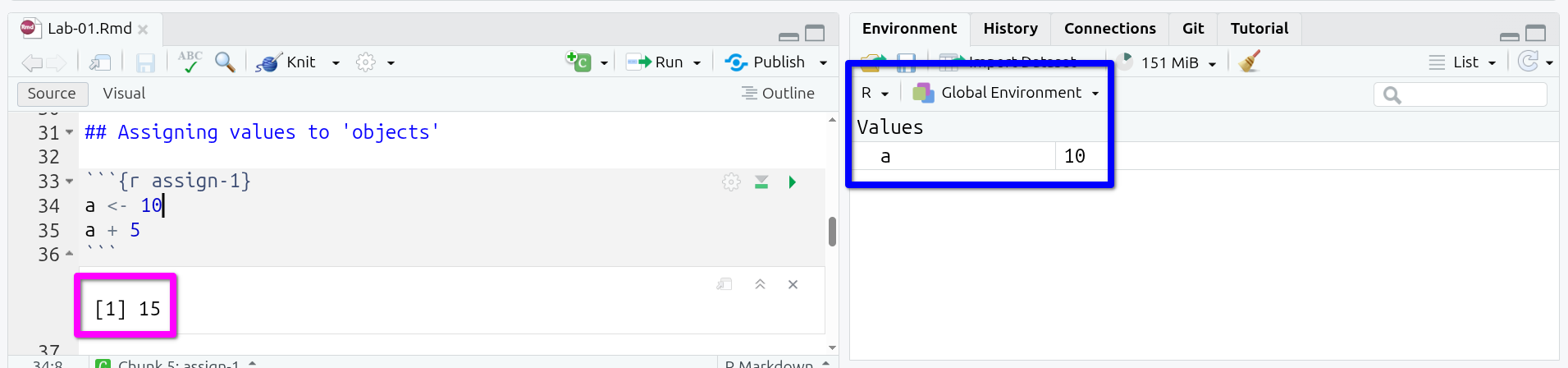 Result under code chunk and value in environment after running assign-1 code chunk
