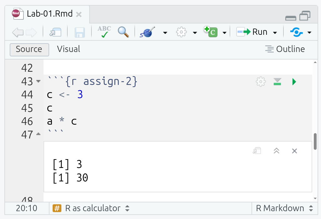 Results running the “assign-2” chunk after adding c and a * c