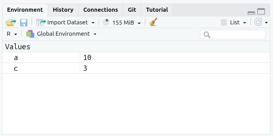 Enivornment tab in top-right pane showing values for a and c