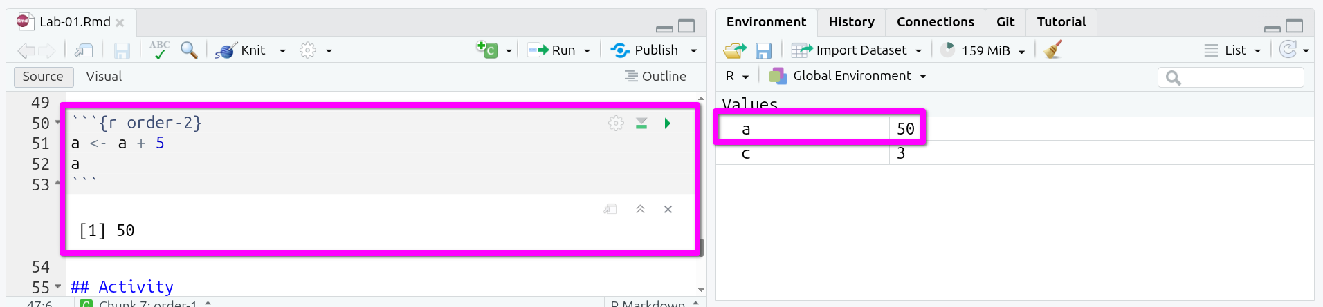 ’Increased value of a after running “order-2” chunk multiple times