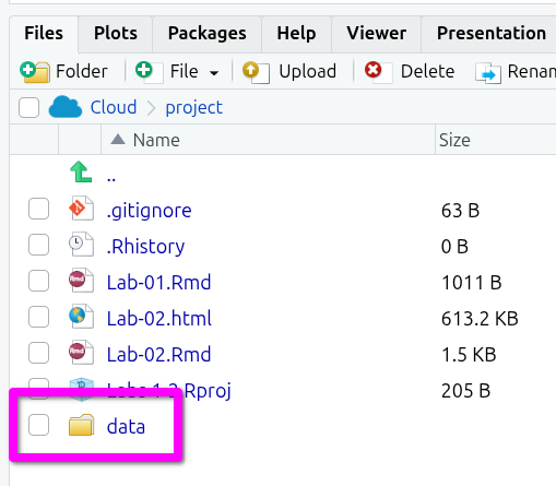 Files tab showing the newly created ‘data’ folder.