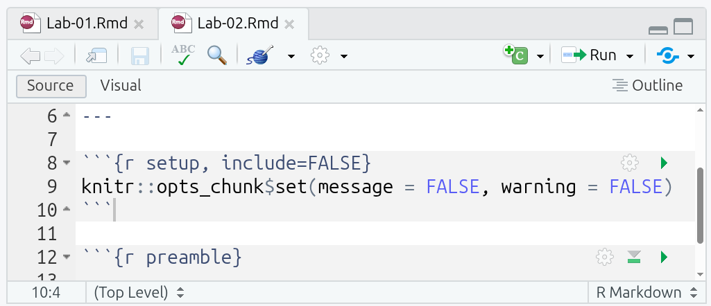 r setup code chunk with knitr options to set message and warmings to FALSE
