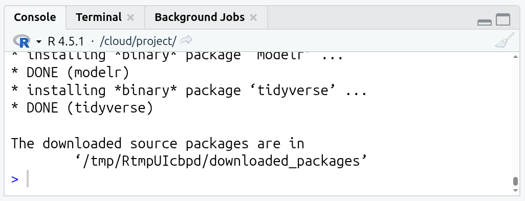 Console once tidyverse package finished installing