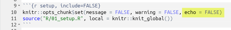 setup code chunk that sets global option to not include code from code chunks in knitted outputs